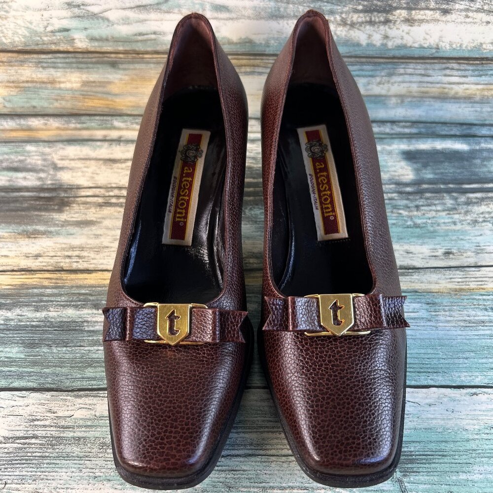 A Testoni Pumps Womens 5 Pebbled Brown Leather Monogram Bow Dress Handmade Shoes